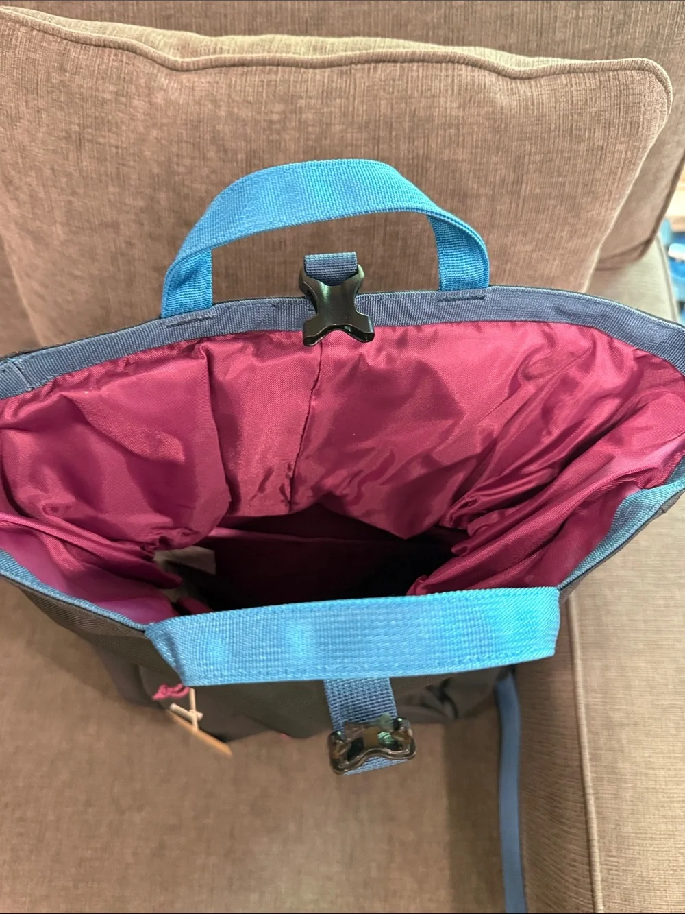 Patagonia Fieldsmith Black Roll-Top Backpack with Blue Handles and Pink Accents